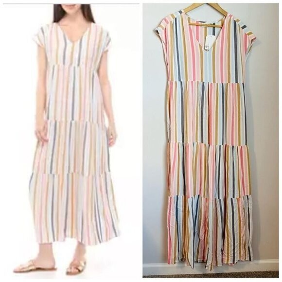 Wonderly Women's V-Neck Striped Tiered Maxi Dress Multi Colored Size Small - Picture 1 of 12